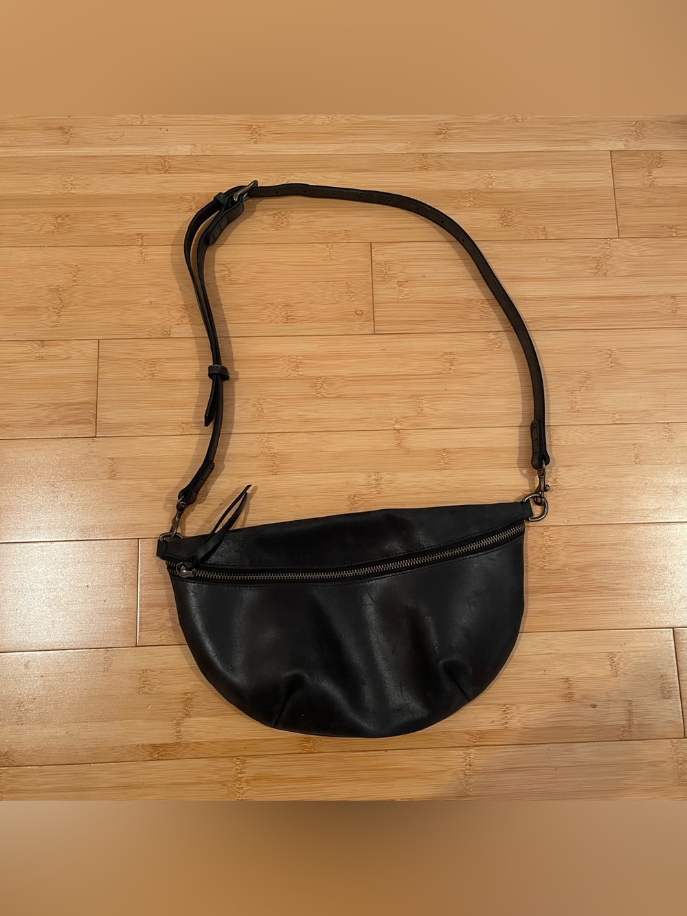 ABLE Handmade in Ethiopia Black Leather Crescent Crossbody Bag Purse